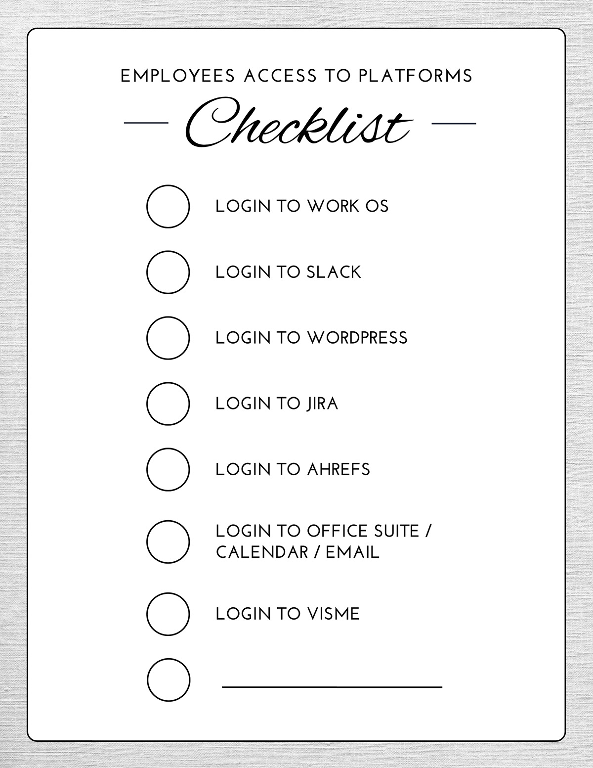 An employee access checklist to customize in Visme.