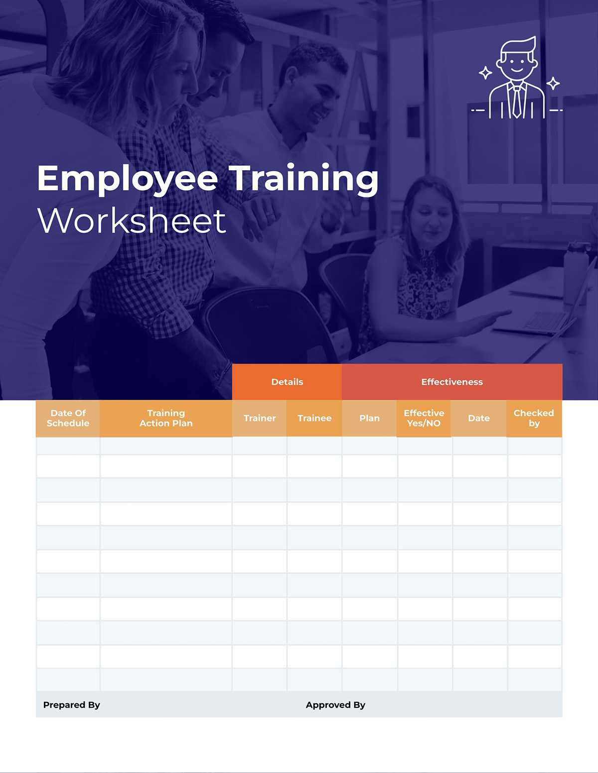 An employee training worksheet template available to customize in Visme.