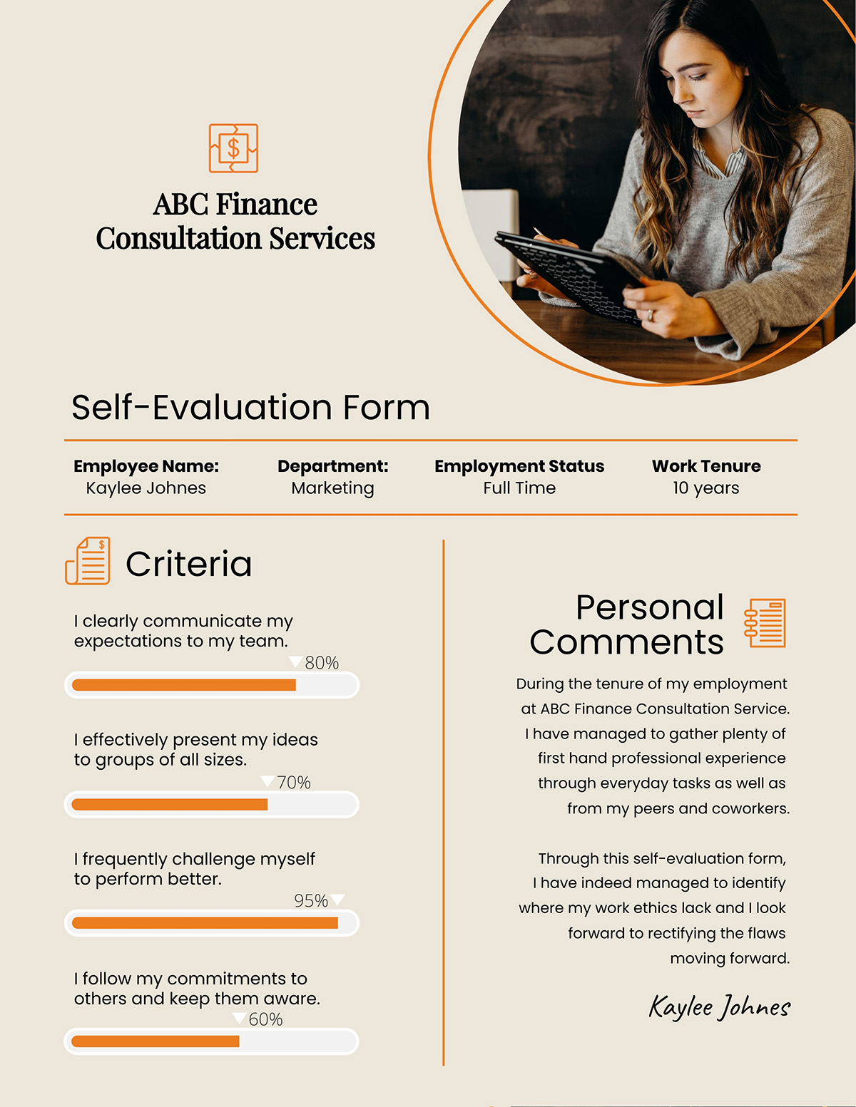 A performance review template available to customize in Visme.
