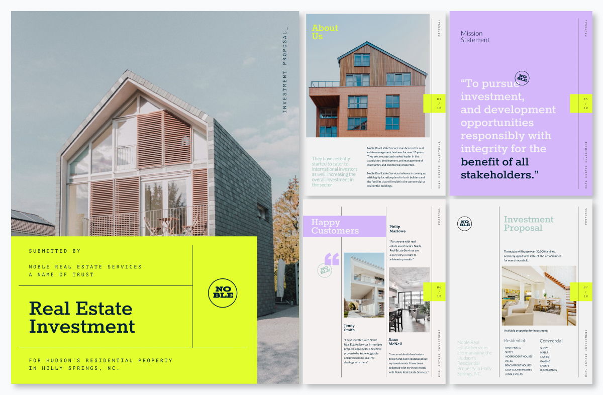 A real estate investment proposal template available to customize in Visme.