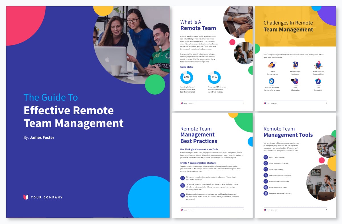 A remote team management ebook template available to customize in Visme.
