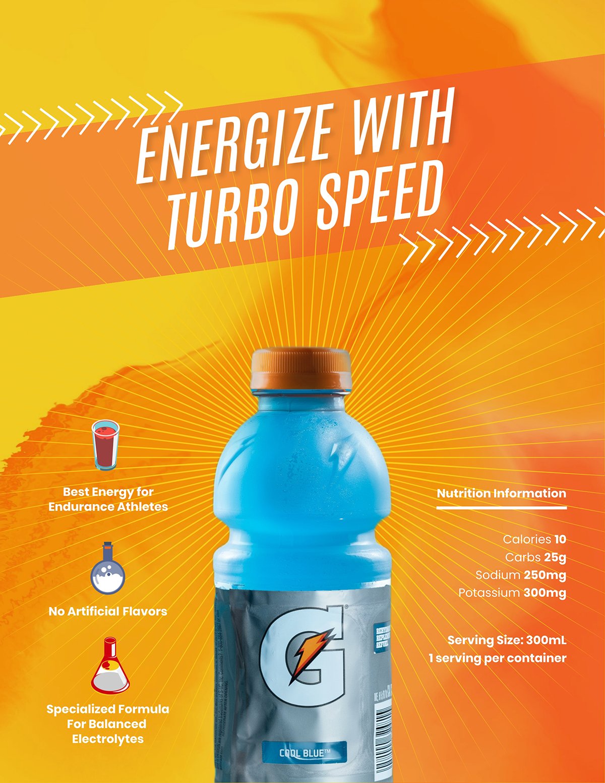 A sports drink product sell sheet template available to customize in Visme.