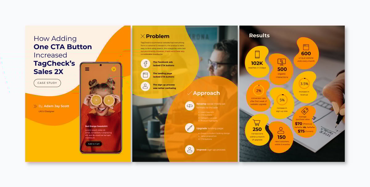 A ux case study template available to customize in Visme.