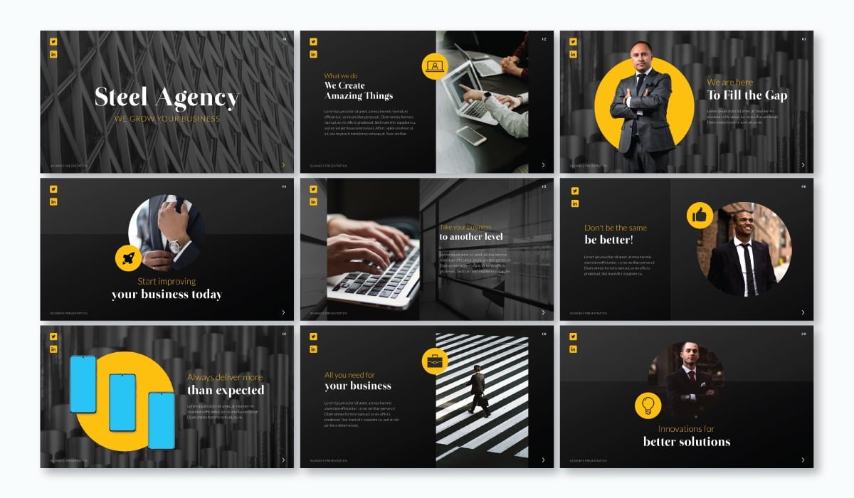 a business agency presentation template using the font Otama