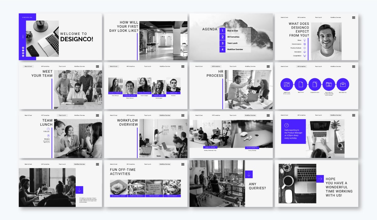 An onboarding presentation template using the font Heebo