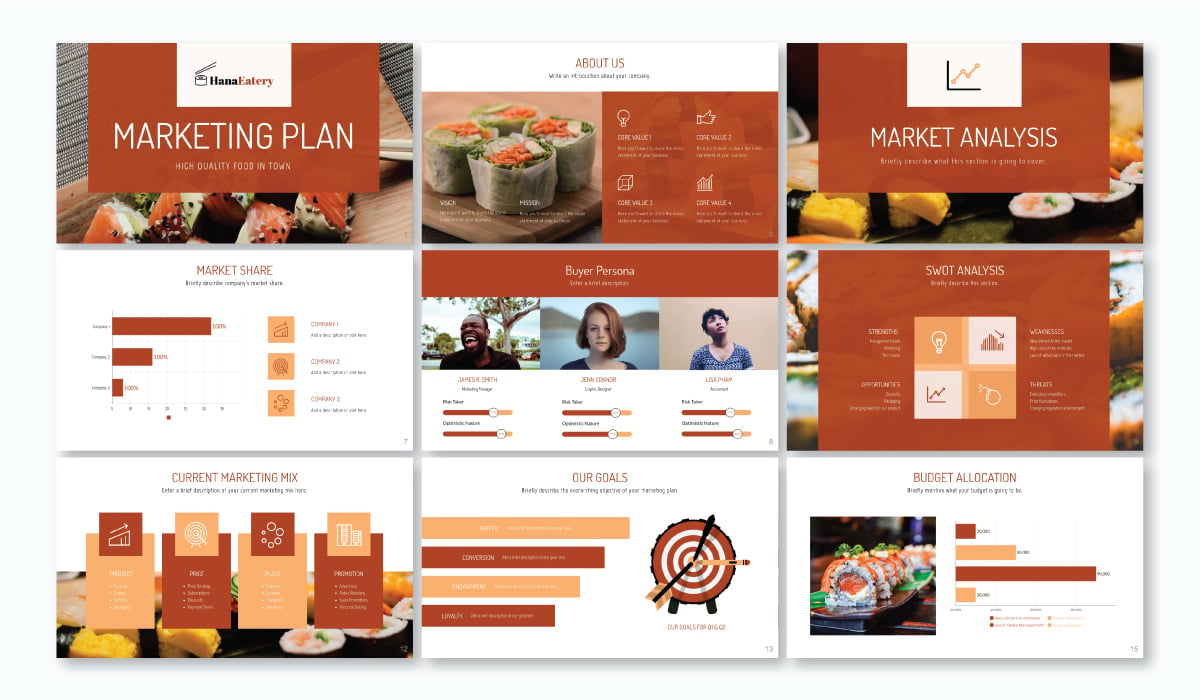 restaurant marketing plan presentationn template using font Dosis