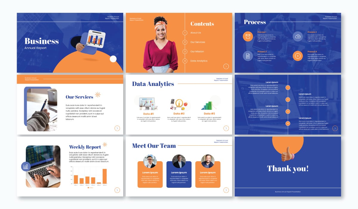 A blue and gold annual report presentation template using font Abril Fatface.