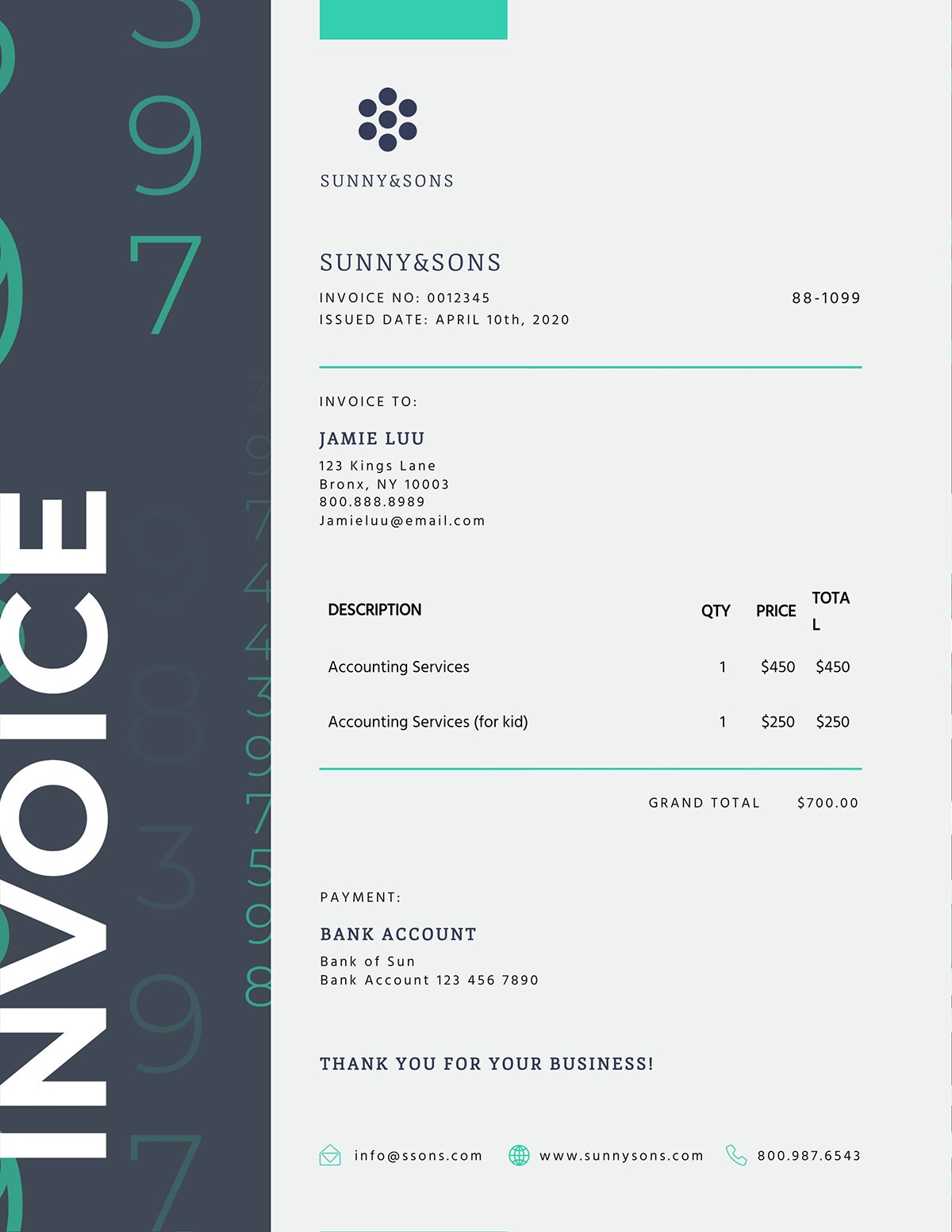 An accounting invoice template available to customize in Visme.
