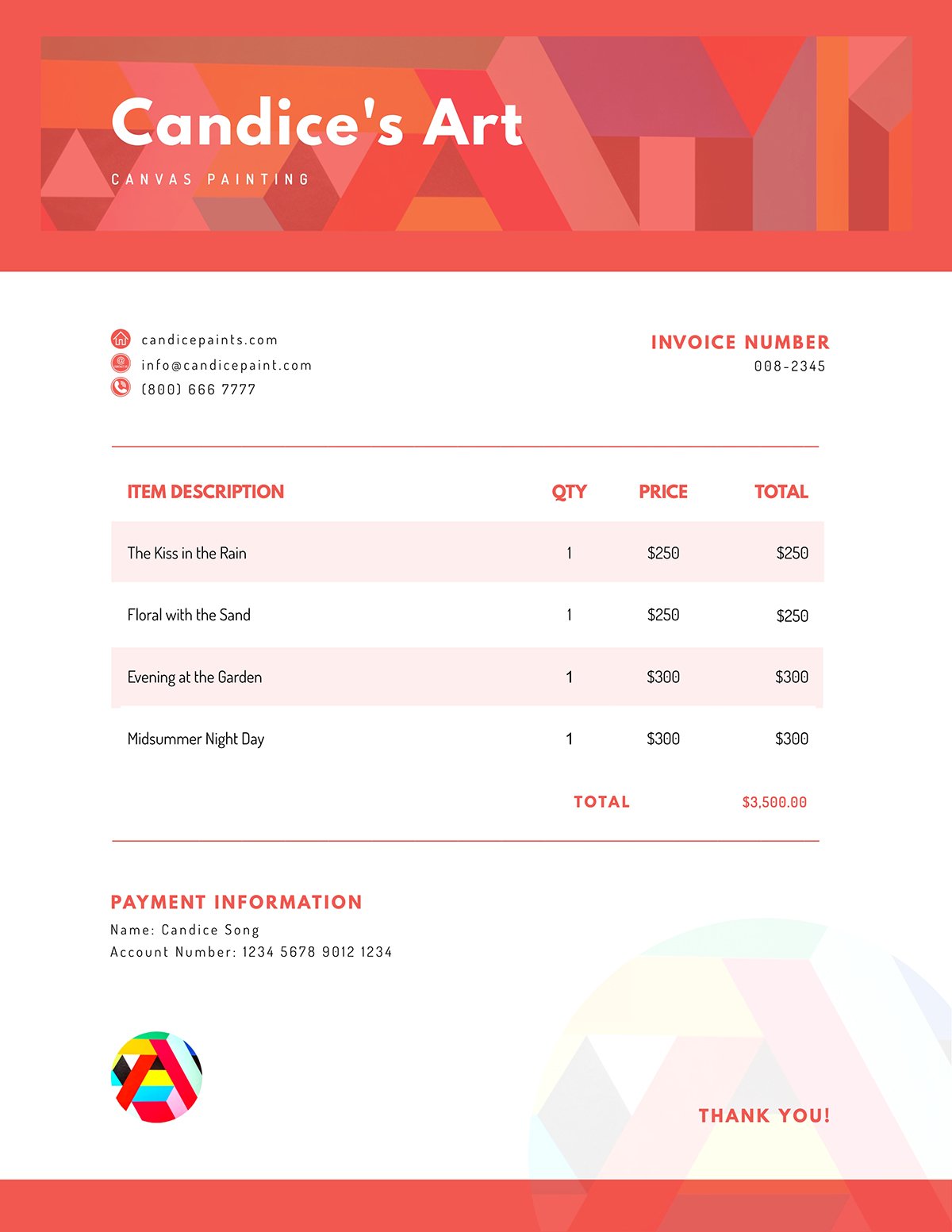 An art invoice template available to customize in Visme.