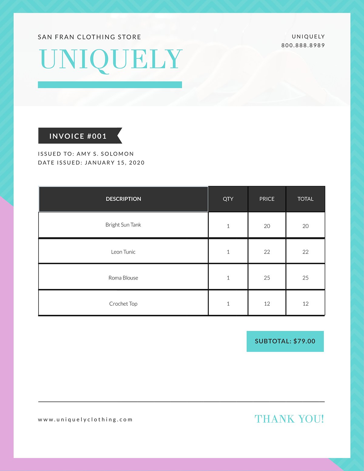 A boutique invoice template available to customize in Visme.
