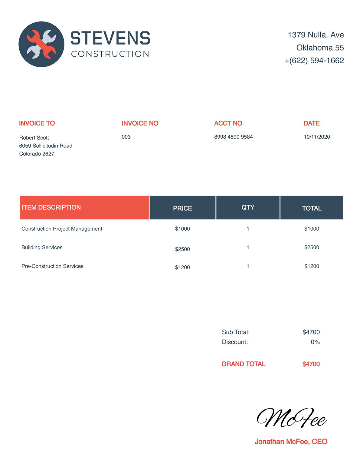 A building invoice template available to customize in Visme.