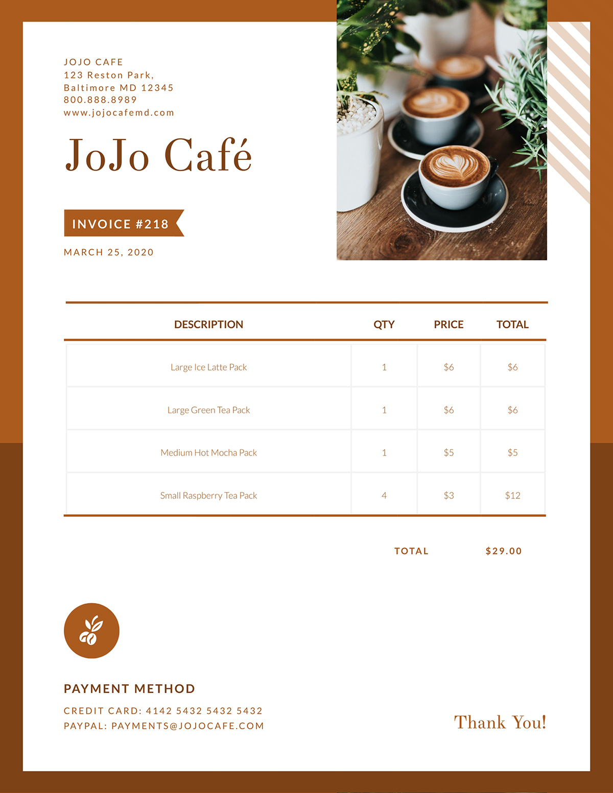 A cafe invoice template available to customize in Visme.
