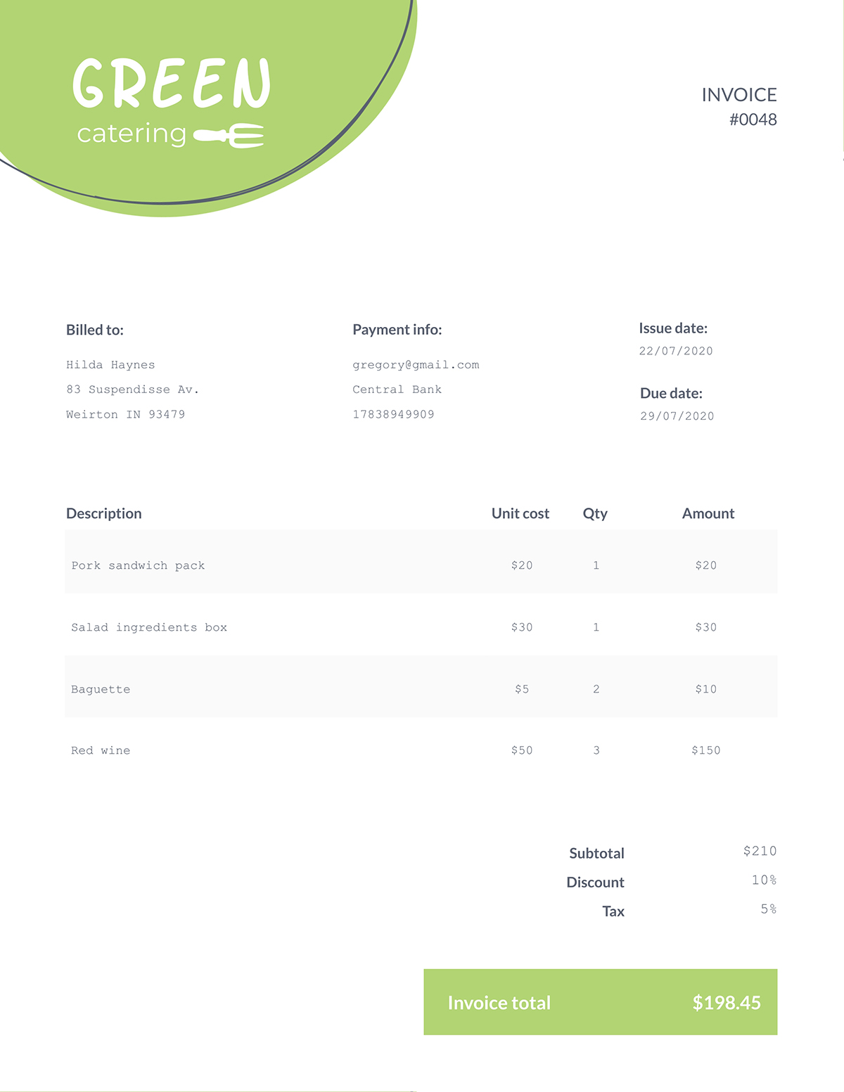 A catering invoice template available to customize in Visme.