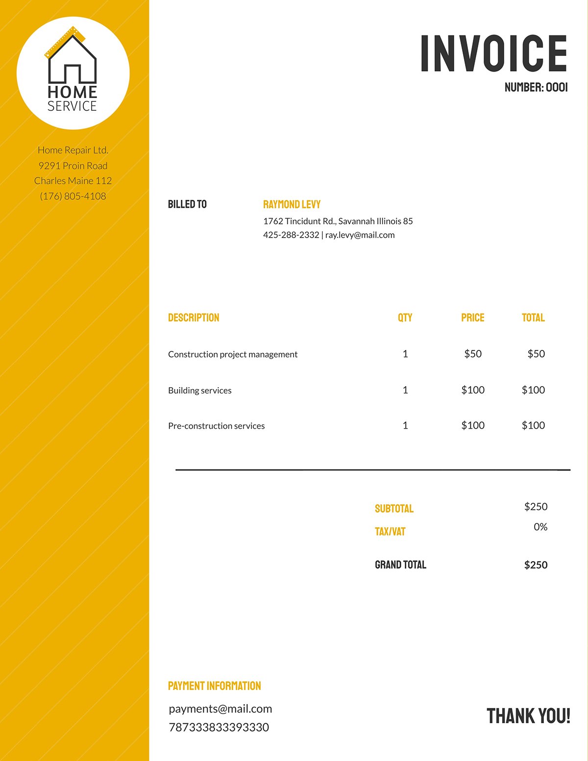 A construction invoice template available to customize in Visme.