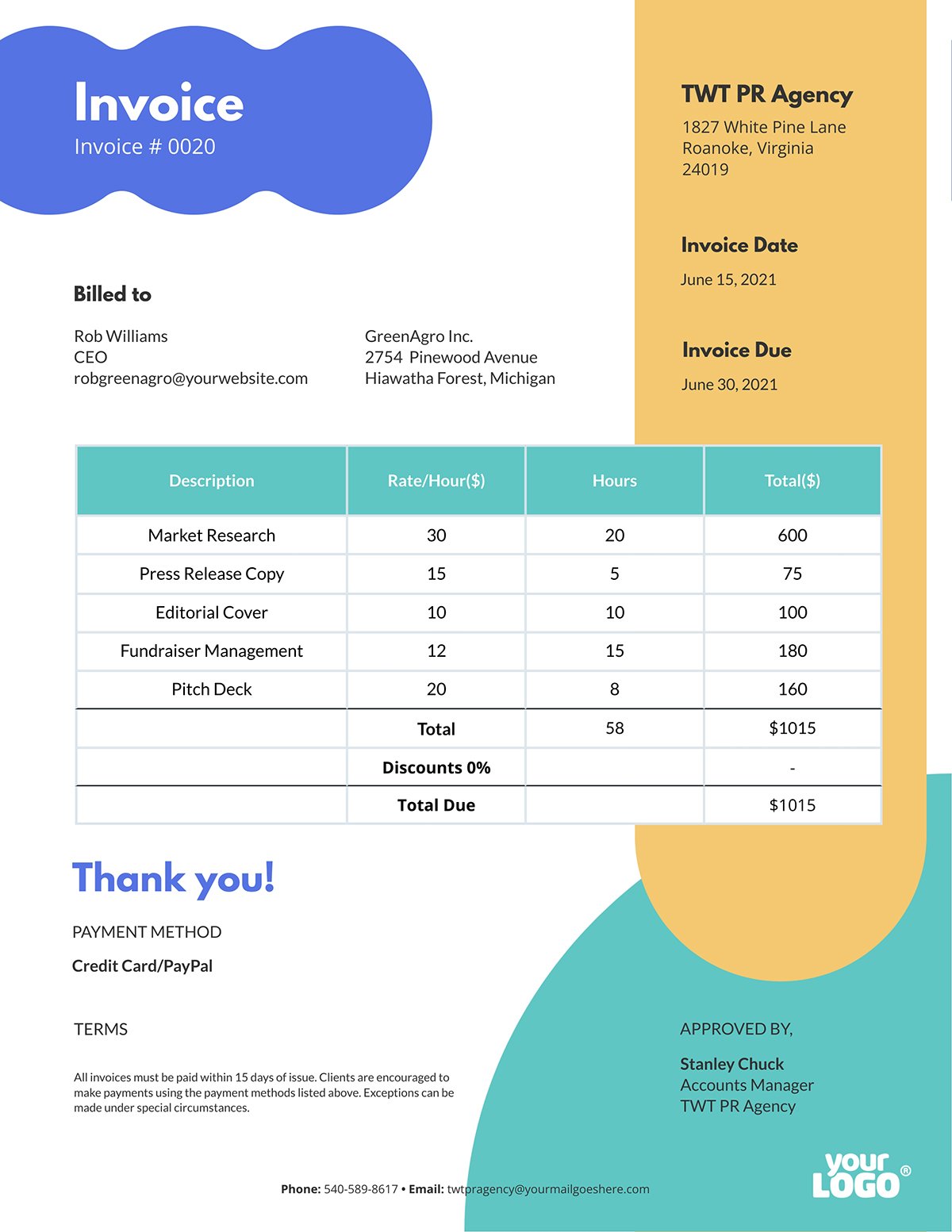 A creative invoice template available to customize in Visme.
