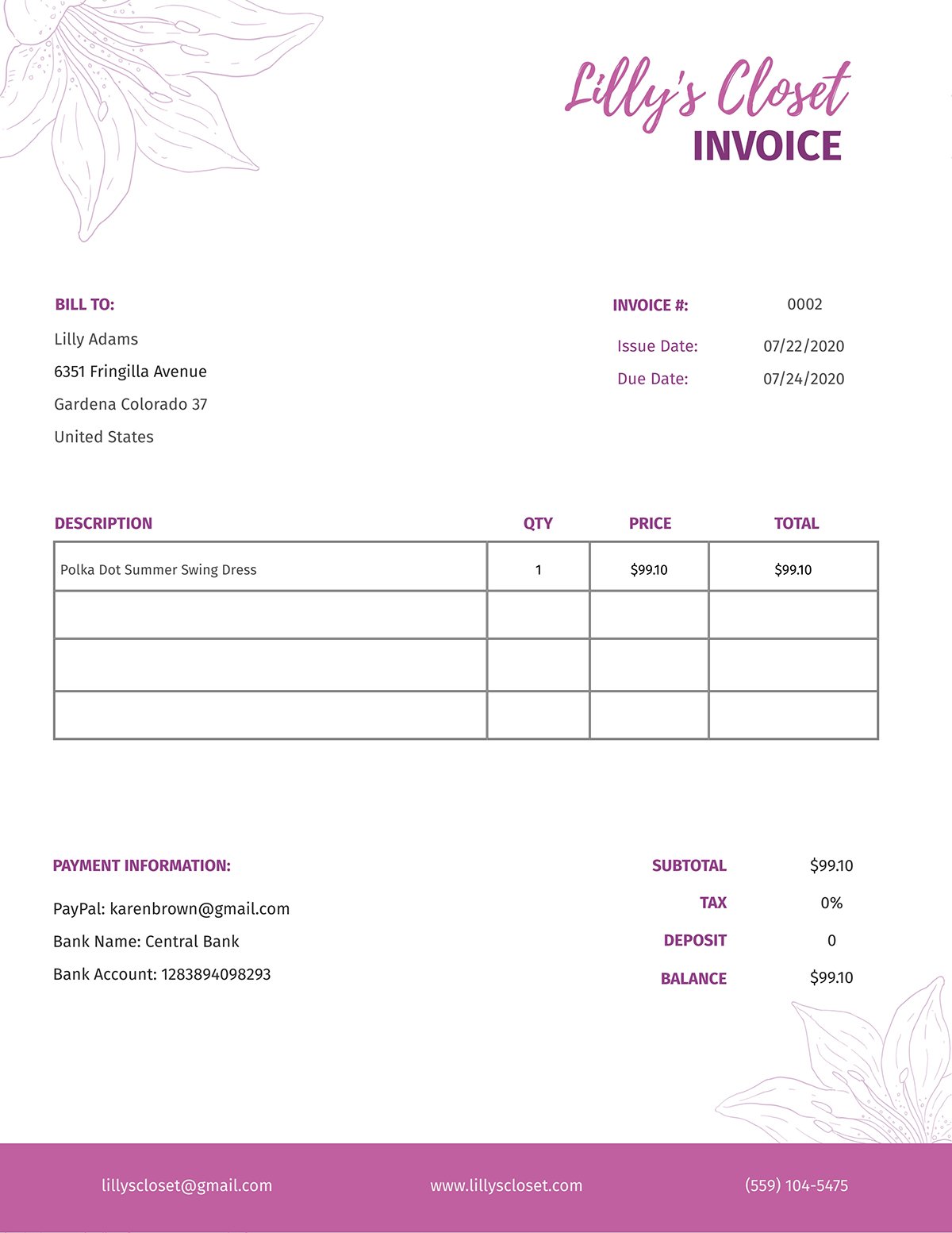 A fashion store invoice template available to customize in Visme.