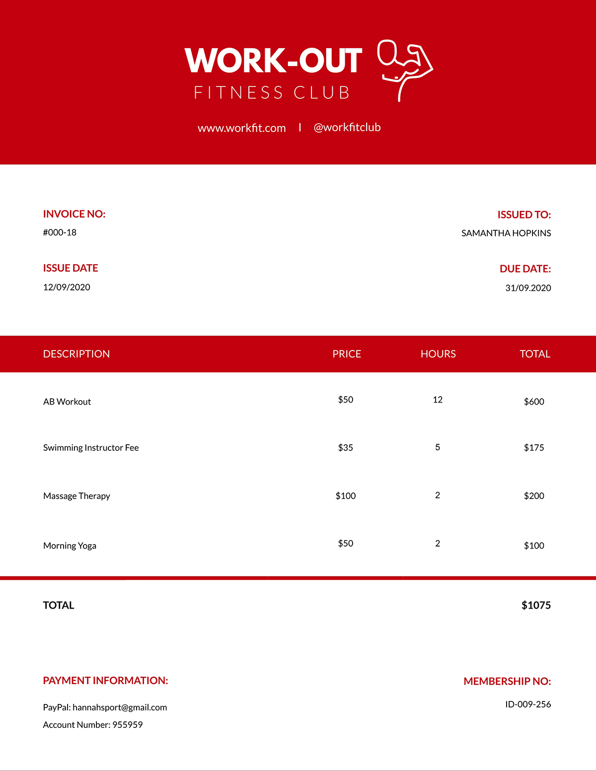A fitness club invoice template available to customize in Visme.