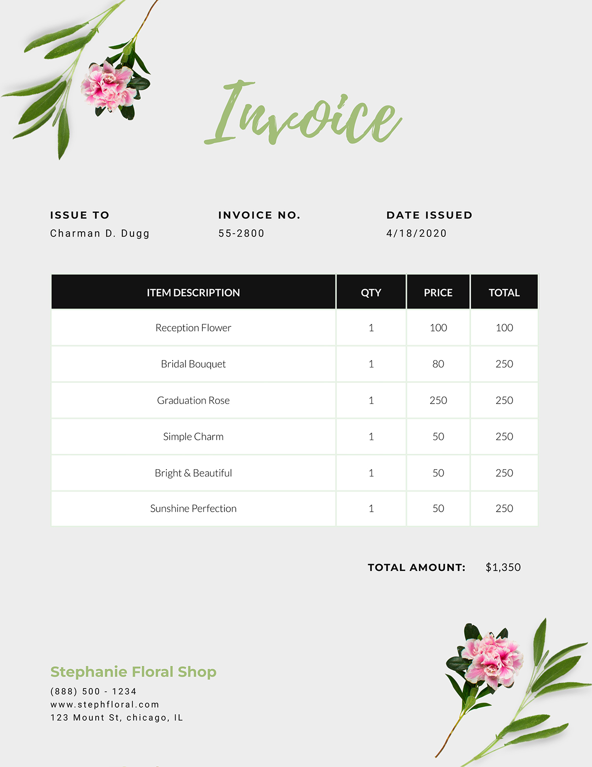 A floral shop invoice template available to customize in Visme.
