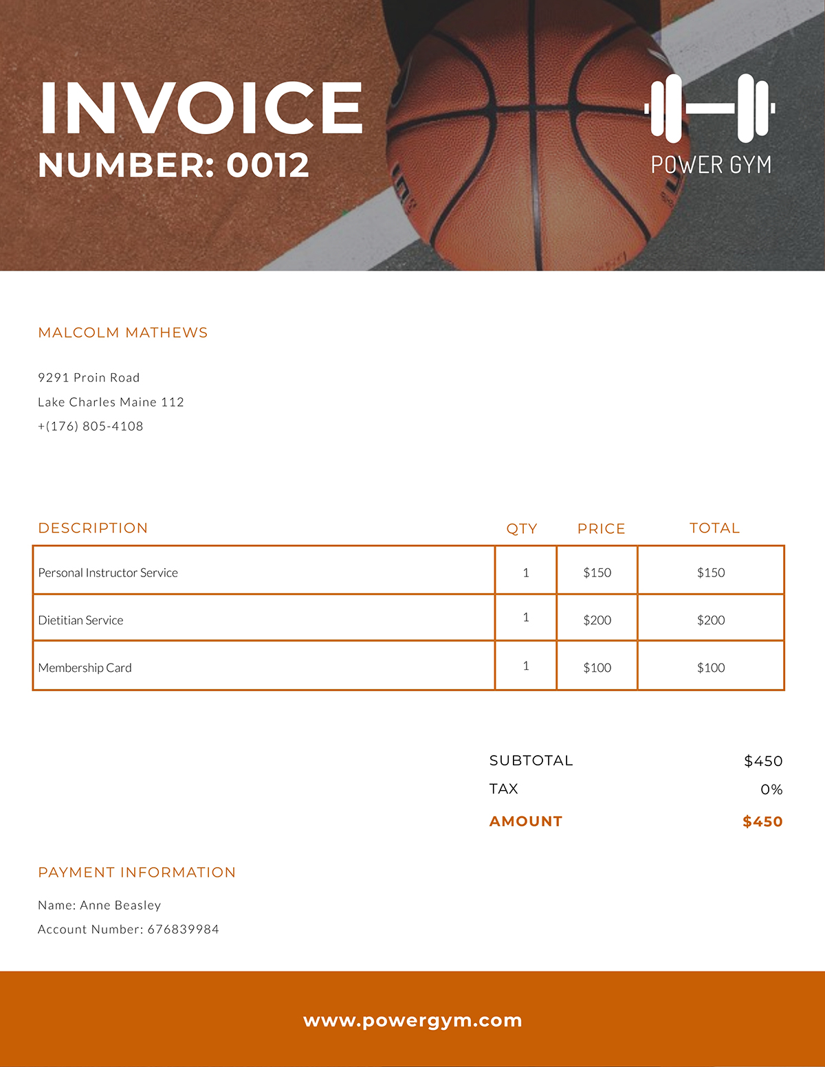 A gym invoice template available to customize in Visme.