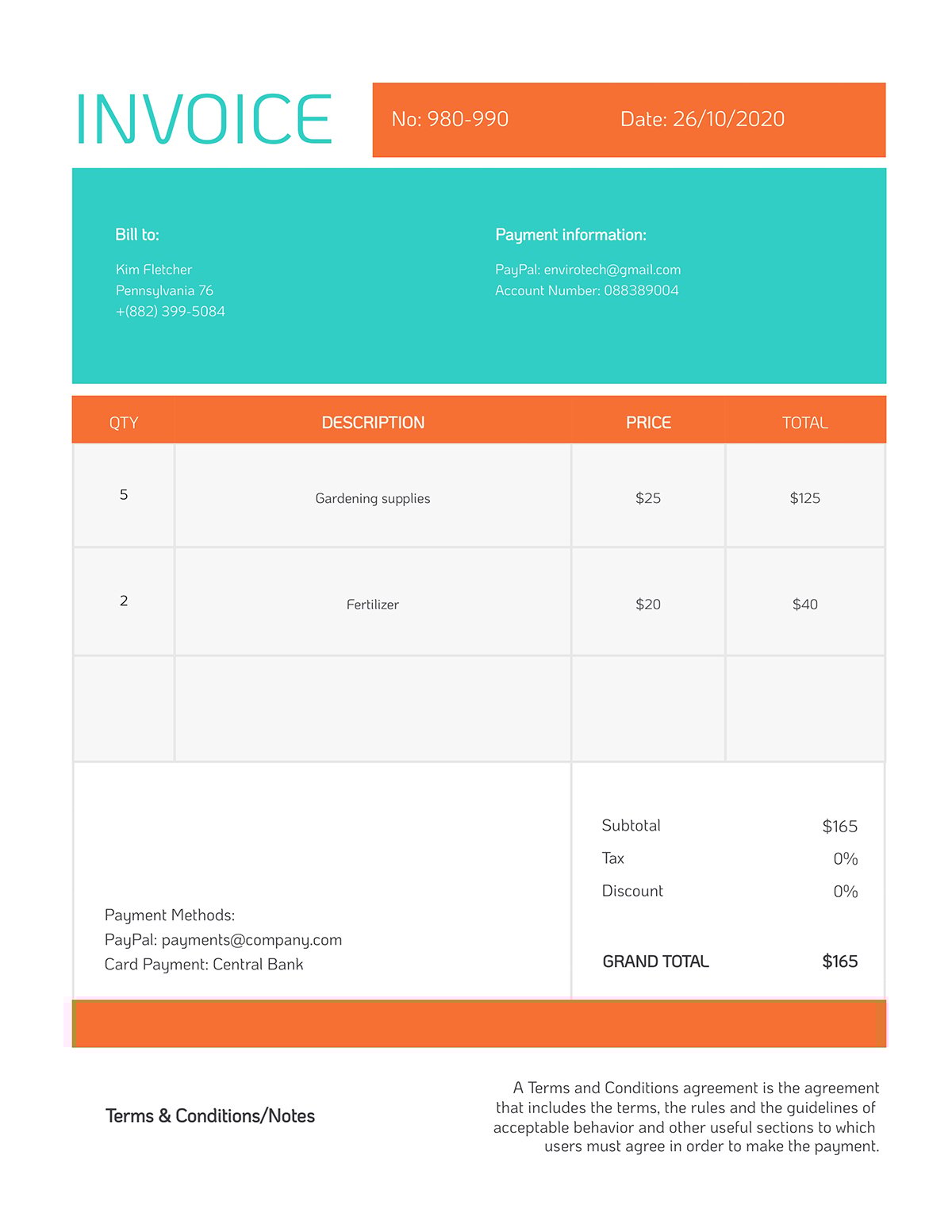 A landscaping invoice template available to customize in Visme.
