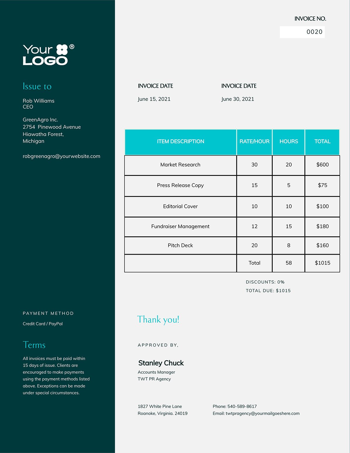 A modern invoice template available to customize in Visme.