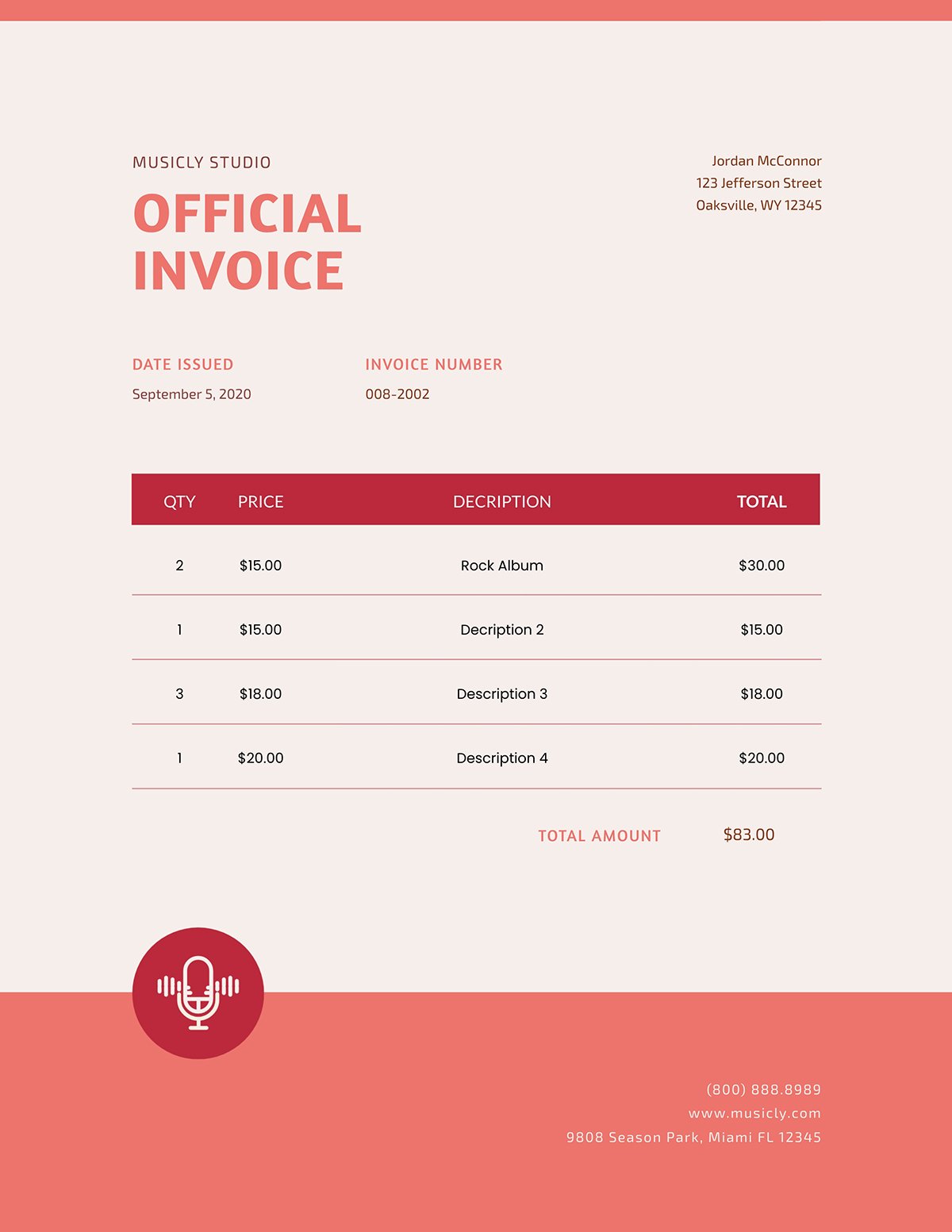 A music invoice template available to customize in Visme.