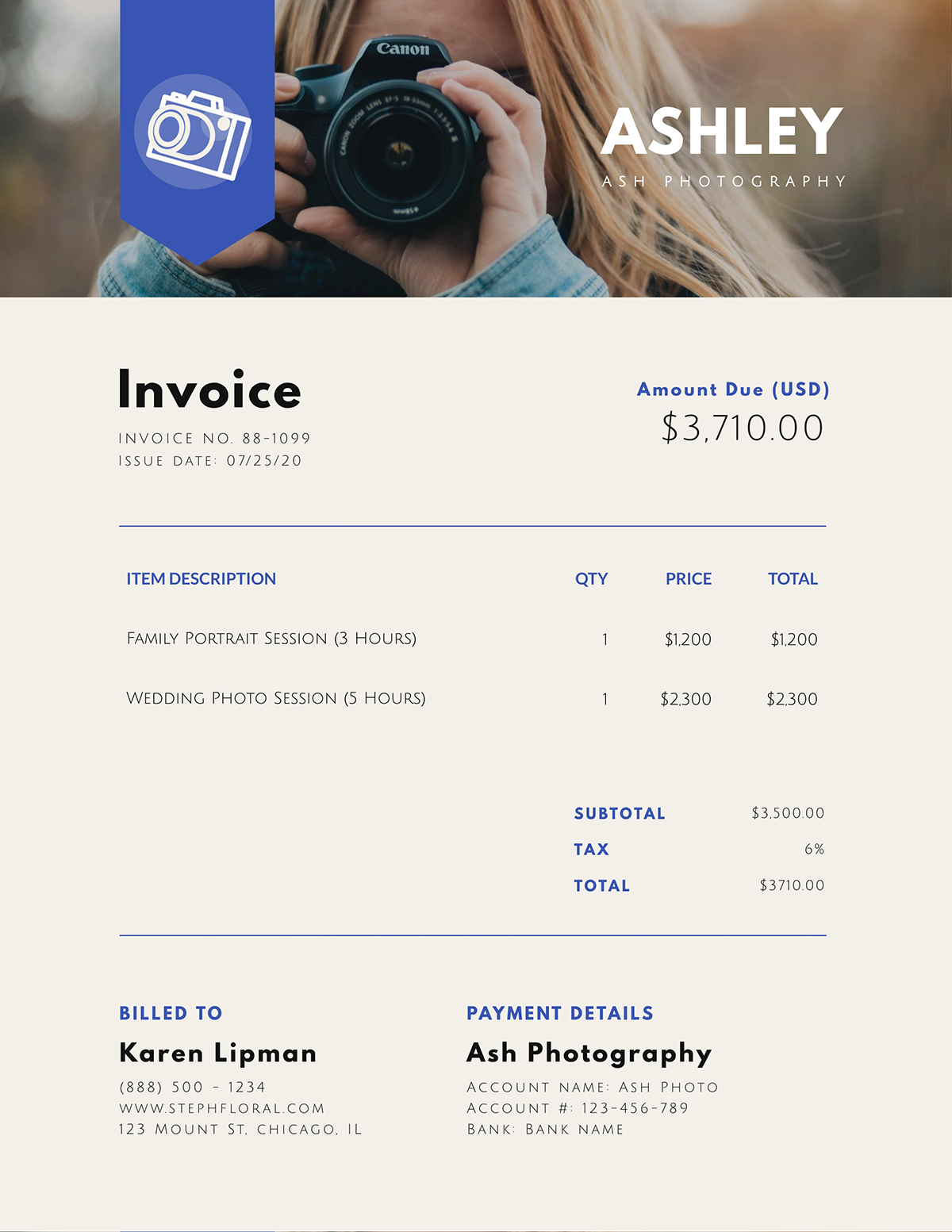 A photography invoice template available to customize in Visme.