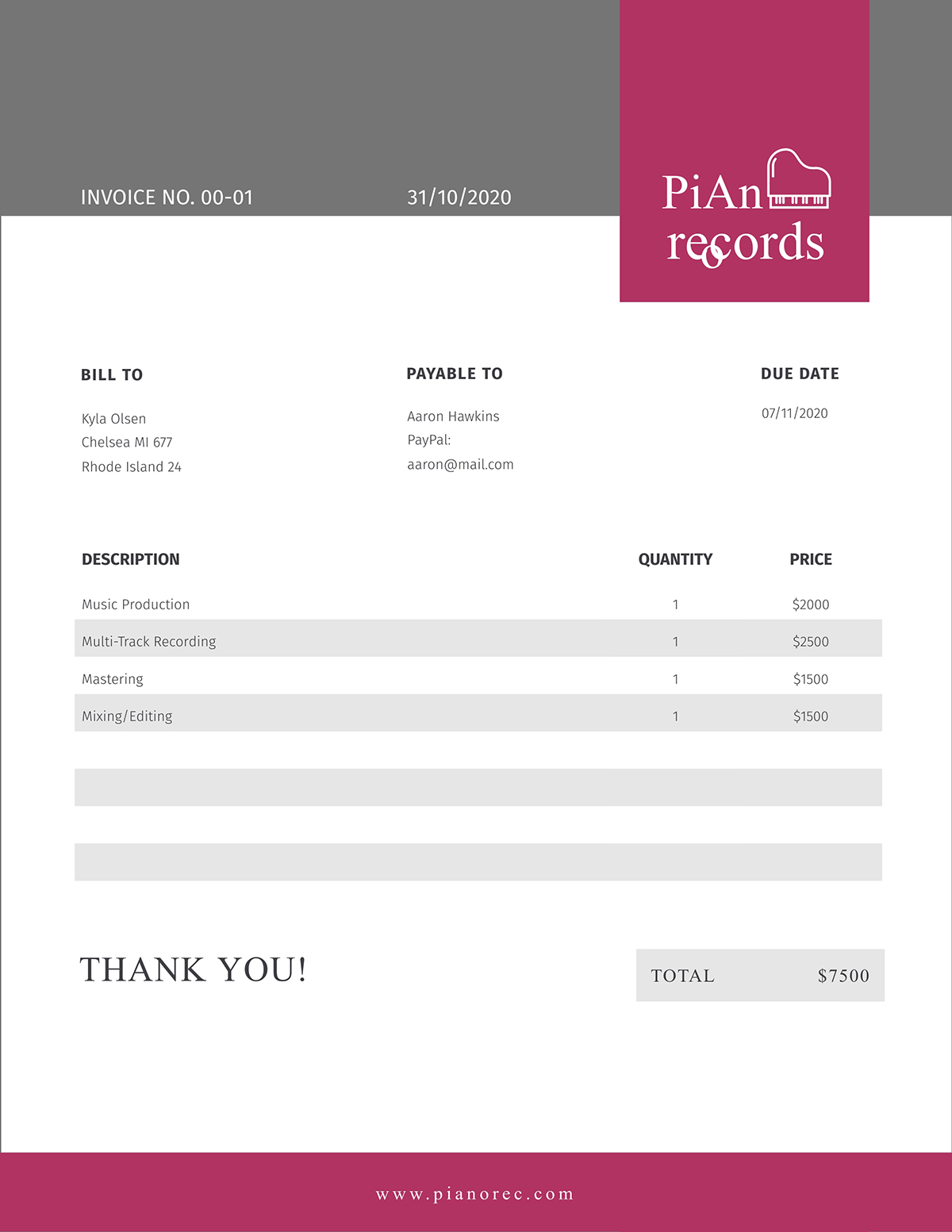 A recording invoice template available to customize in Visme.