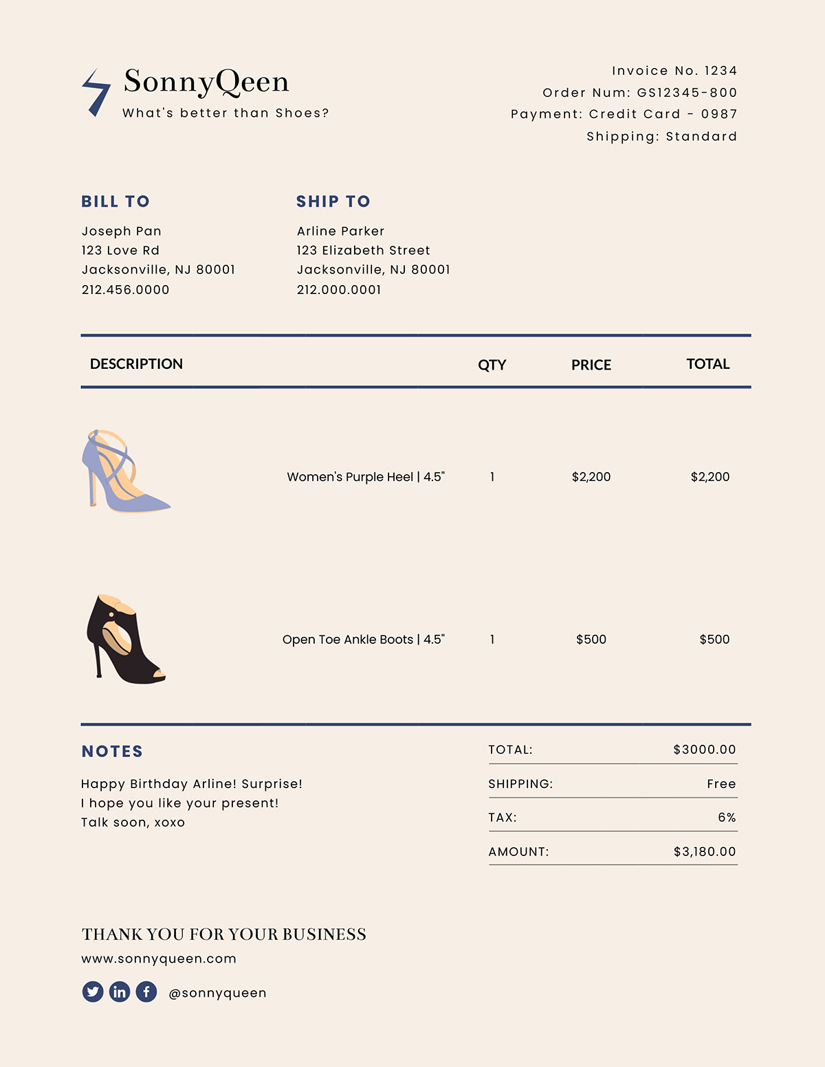 A shoes invoice template available to customize in Visme.