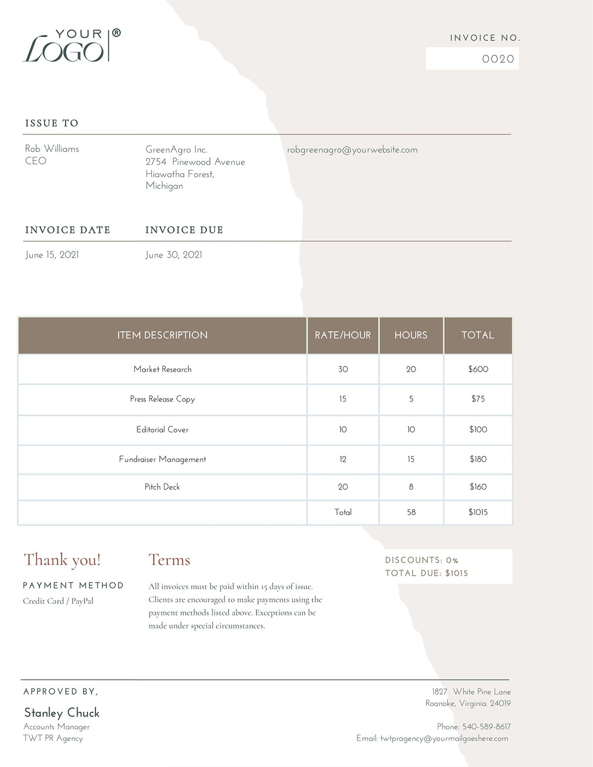 A simple invoice template available to customize in Visme.