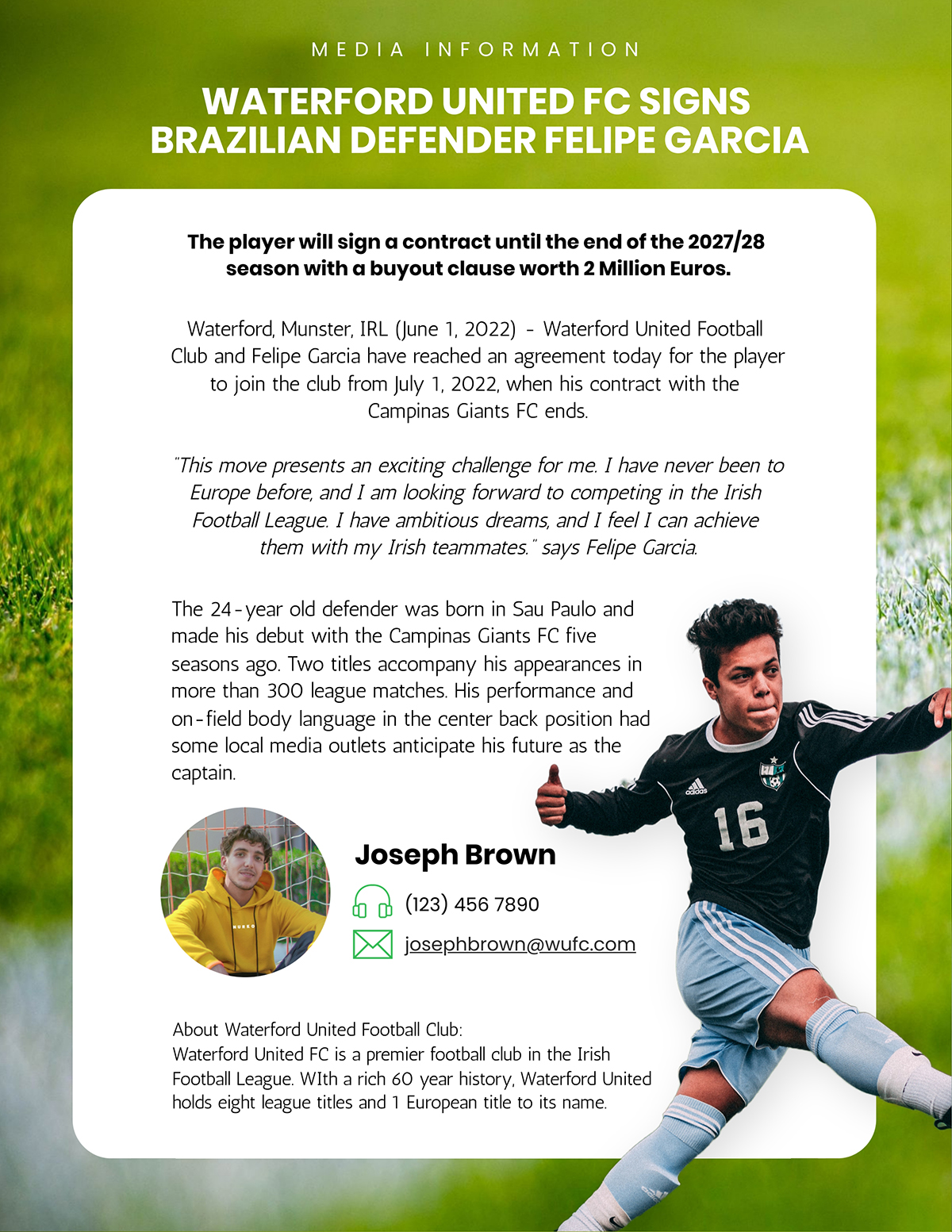A sports press release template available to customize in Visme.