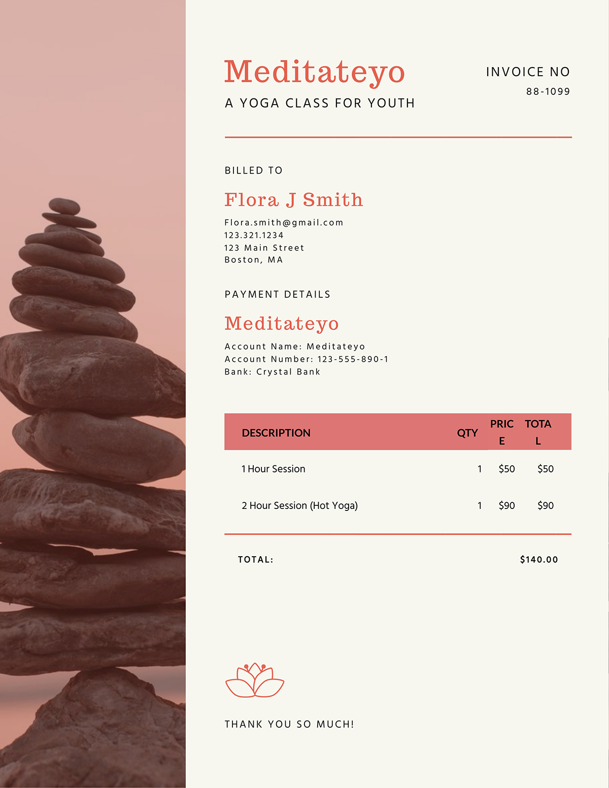 A yoga invoice template available to customize in Visme.