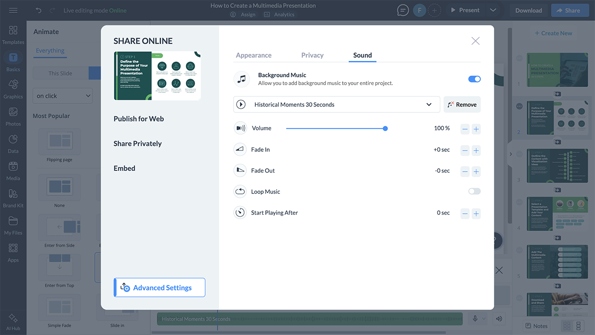 how to make a video presentation - customize background music on your slide 