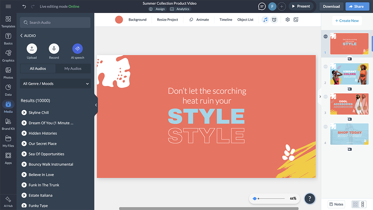 how to make a video presentation - screenshot of the music and audio clips available inside the Visme editor