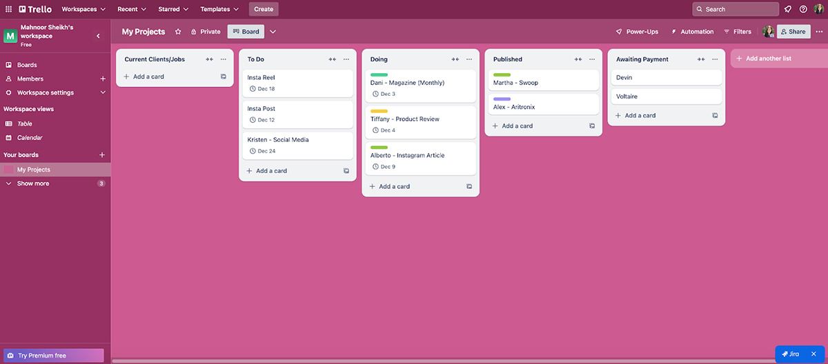 content calendar - Trello interface