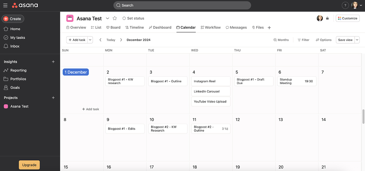 content calendar - Asana interface