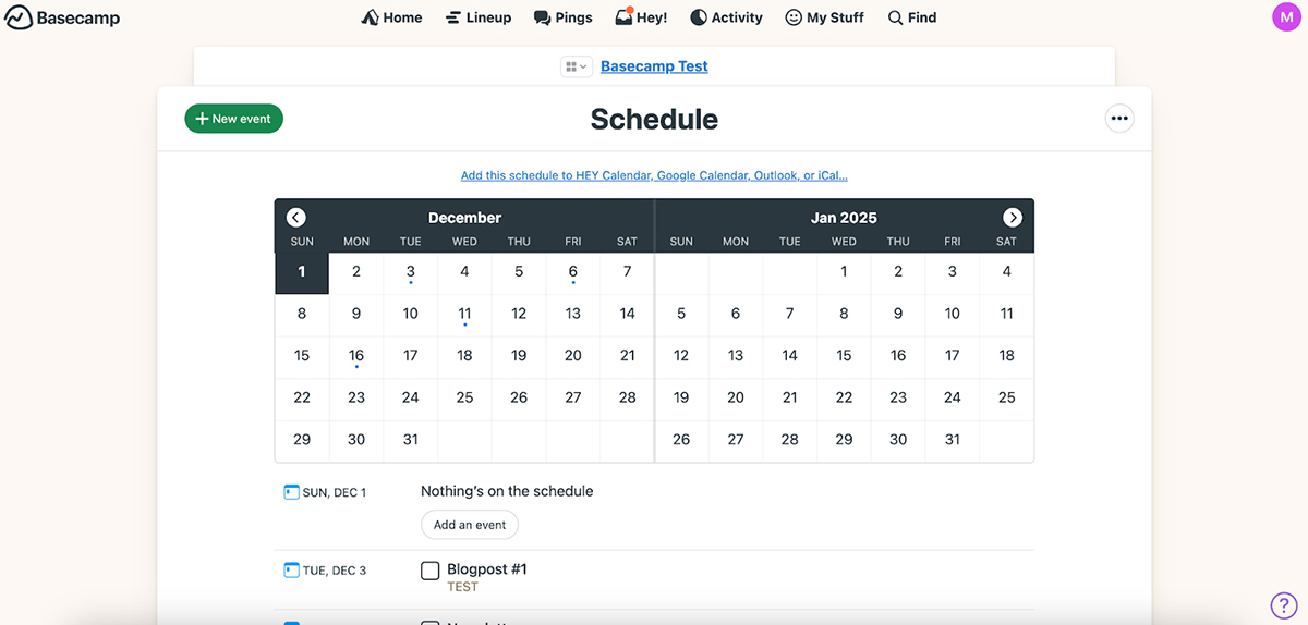 content calendar - Basecamp interface
