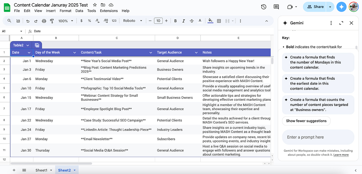 content calendar - Google Sheets 