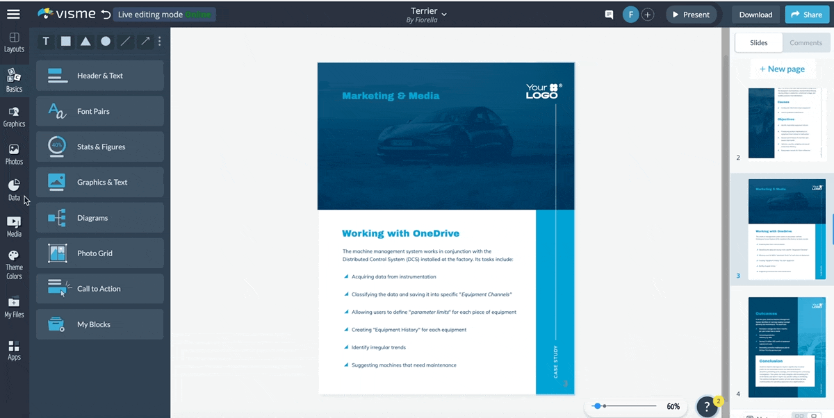 how to drag and drop a table into a case study presentation in Visme