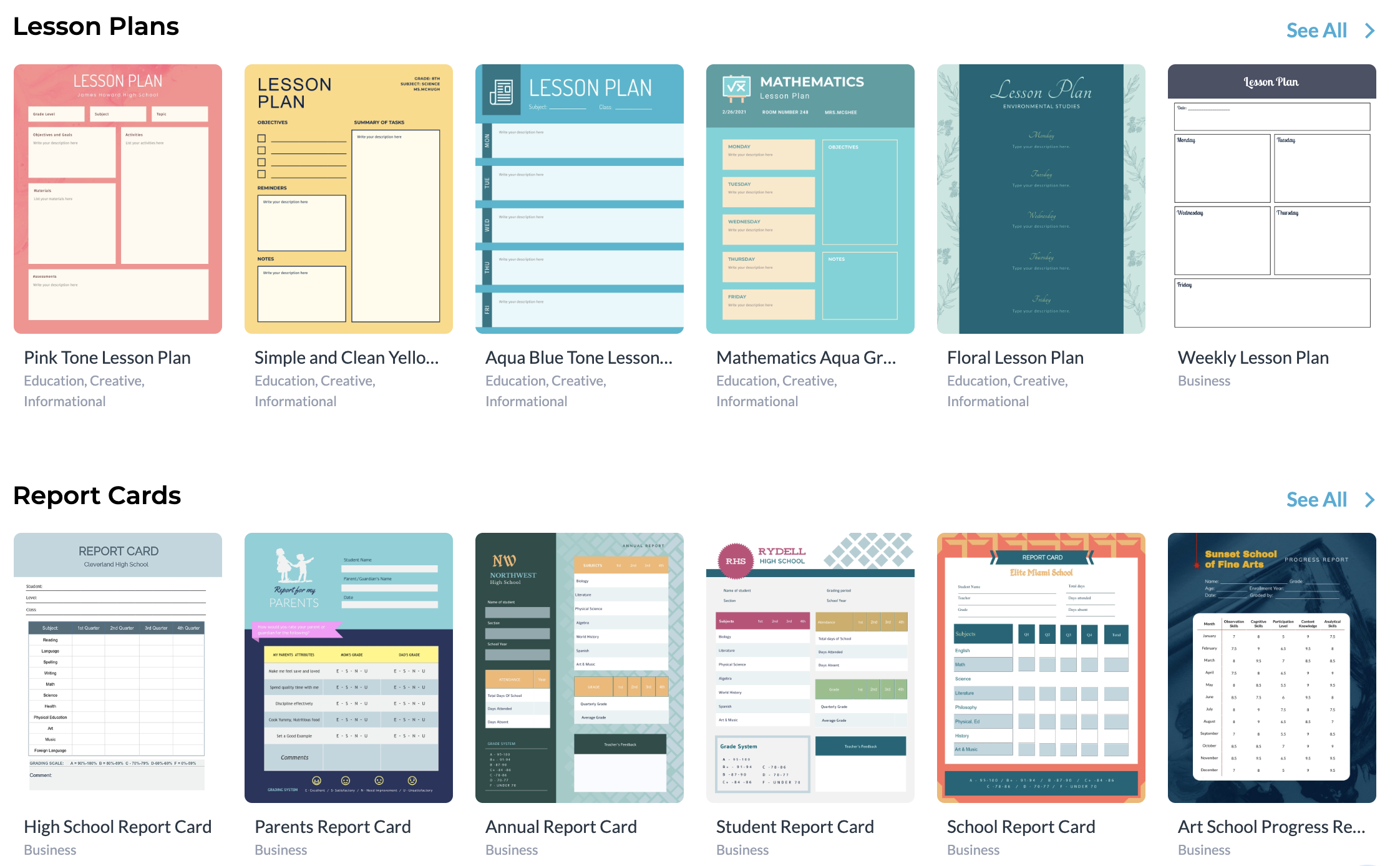 Available education templates in Visme