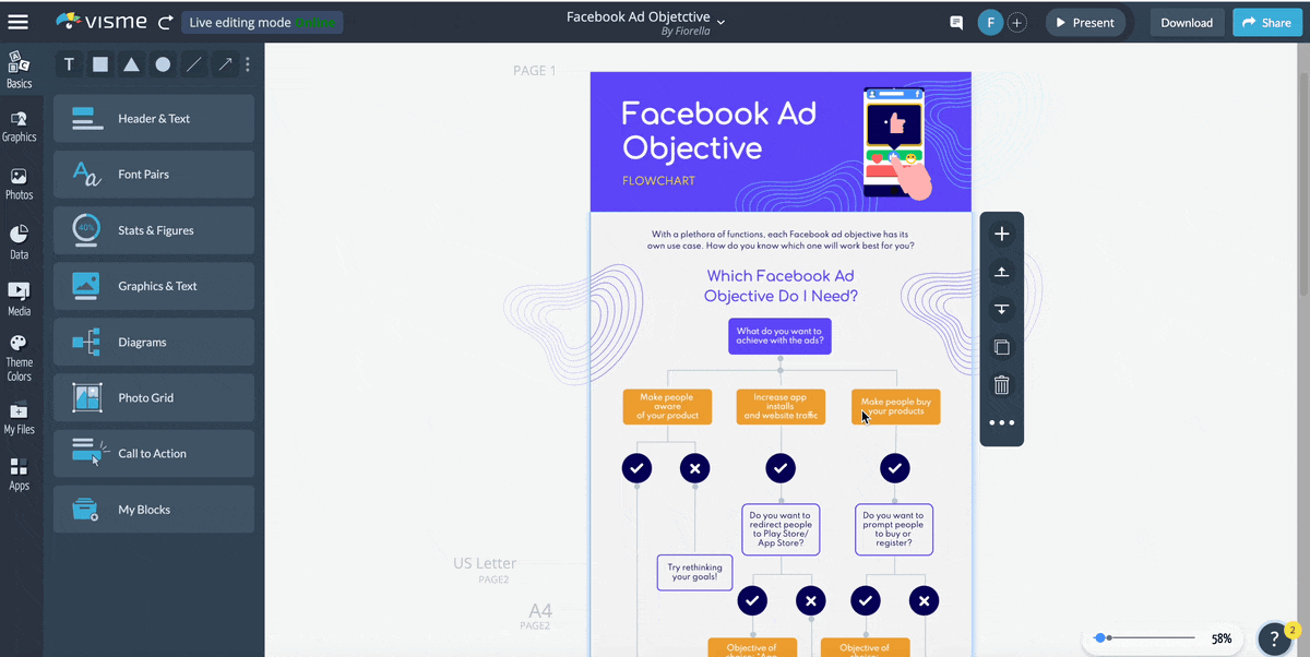 how to drag and drop different shapes, lines and graphics in Visme's decision tree