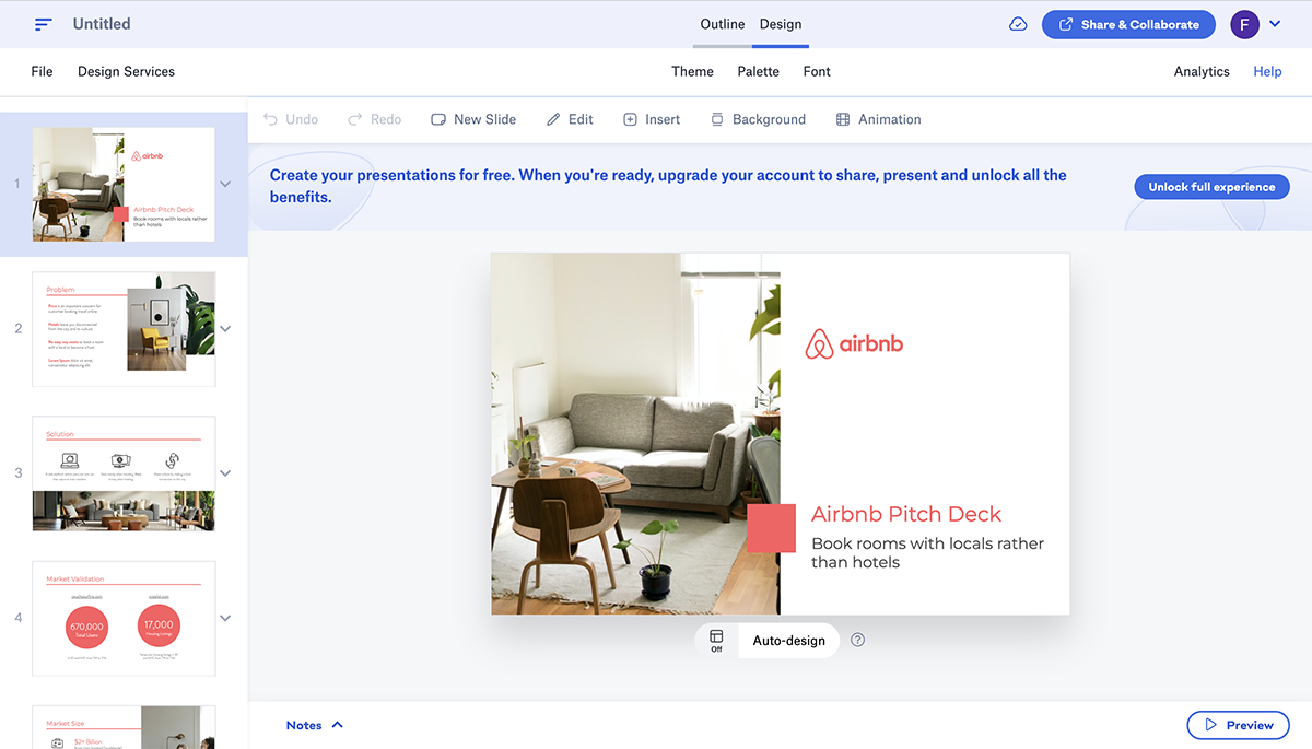 A screenshot of the Slidebean interface.