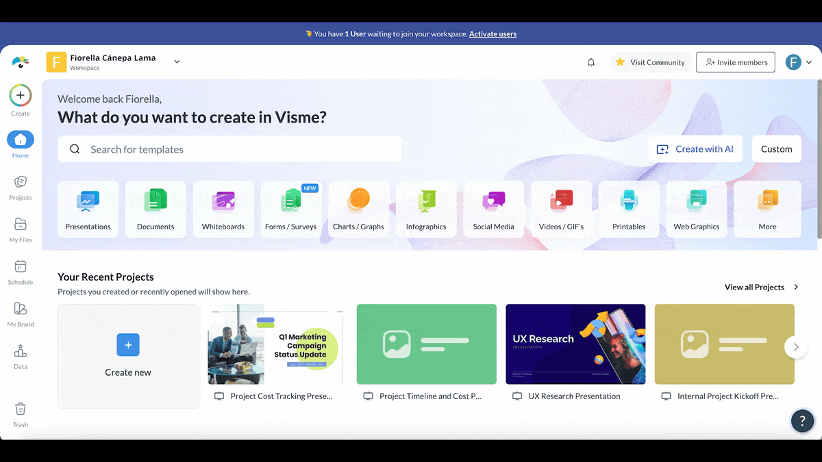 project presentation - a GIF showing how to create a project presentation with Visme's AI presentation maker