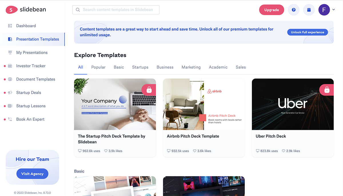 A screenshot of the Slidebean template library.
