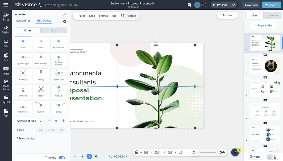 Different animation options in Visme