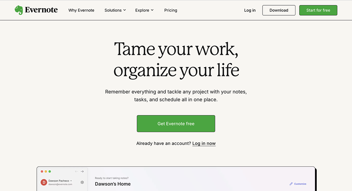 time management tools - Evernote Home Page