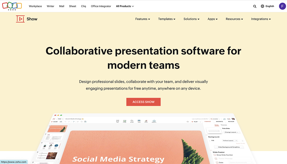 Presentation apps - Zoho Show home page