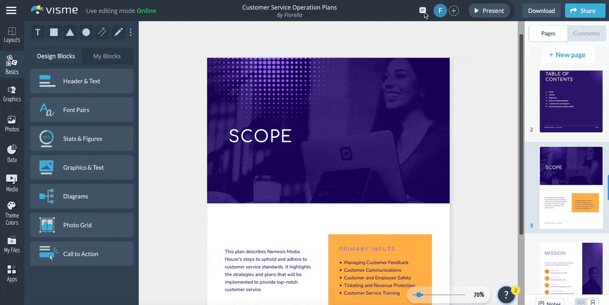 how to tag team members, comment or assign task and reply to comments in the Visme editor.