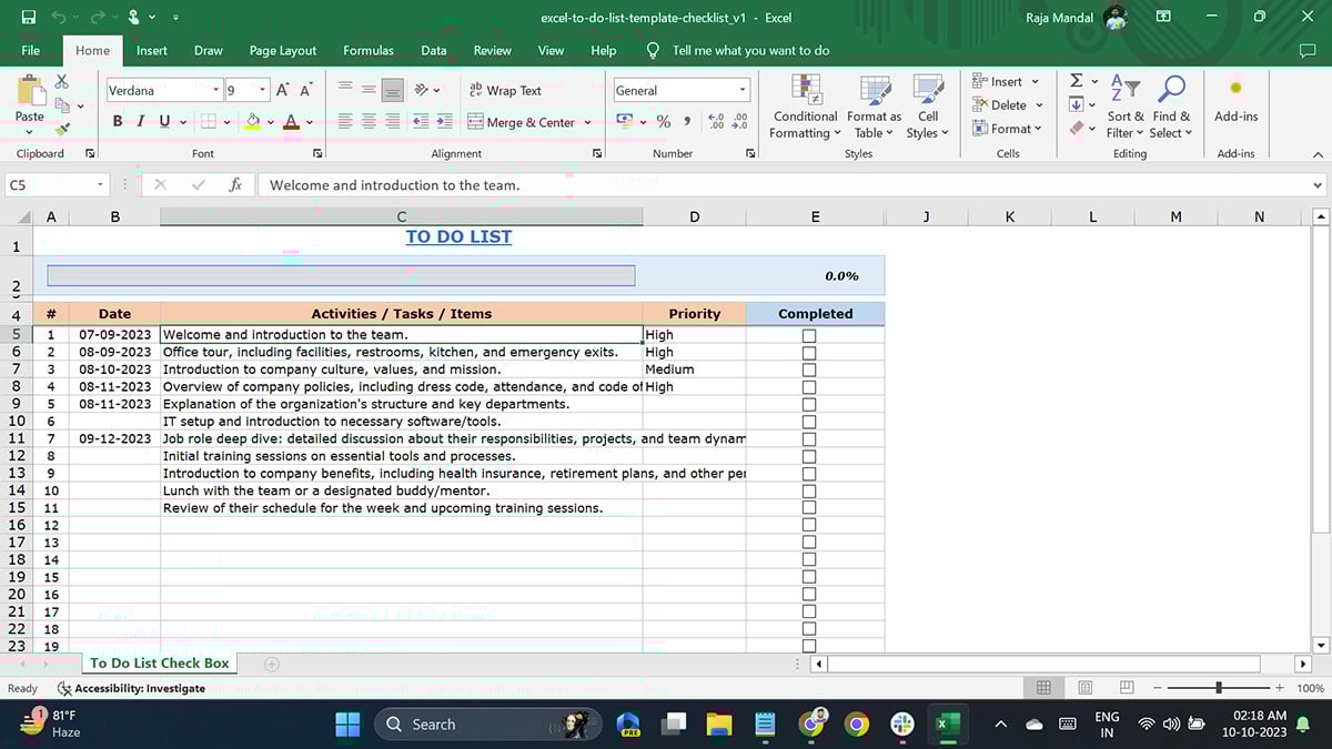onboarding checklist software - Excel editor