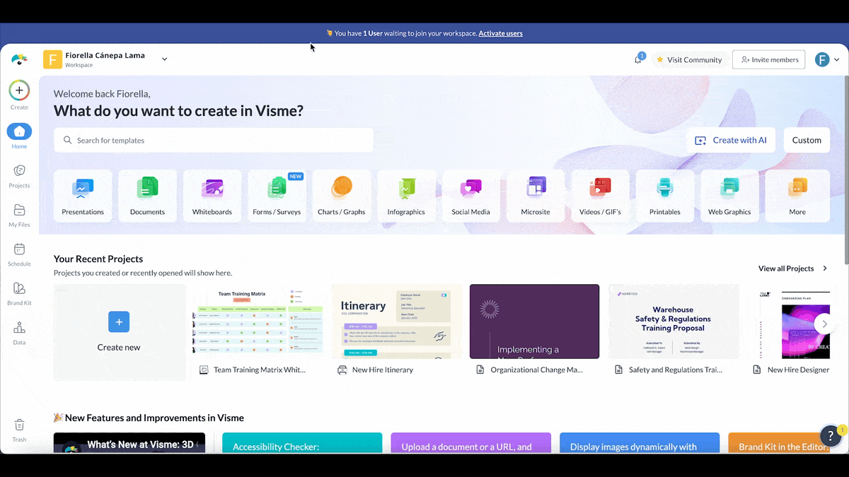 A GIF of Visme's AI designer creating a training plan.